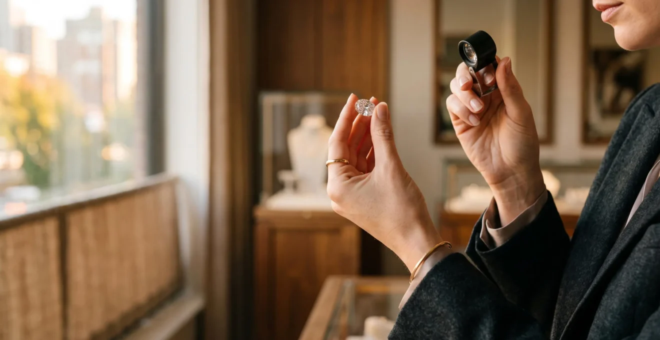 Un client examine attentivement un bijou en or à la loupe dans une bijouterie élégante, symbolisant la vigilance et l'expertise lors d'un achat de valeur.