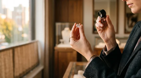 Un client examine attentivement un bijou en or à la loupe dans une bijouterie élégante, symbolisant la vigilance et l'expertise lors d'un achat de valeur.