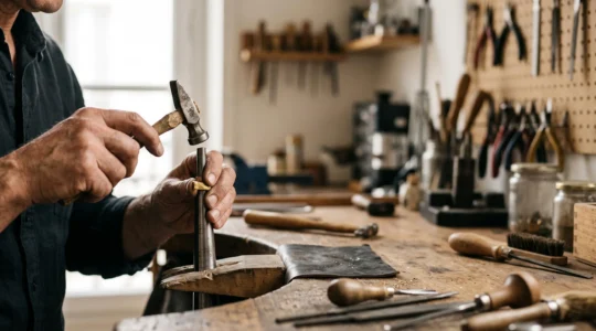 Mains d'un artisan bijoutier français façonnant un bijou en or dans un atelier baigné de lumière naturelle