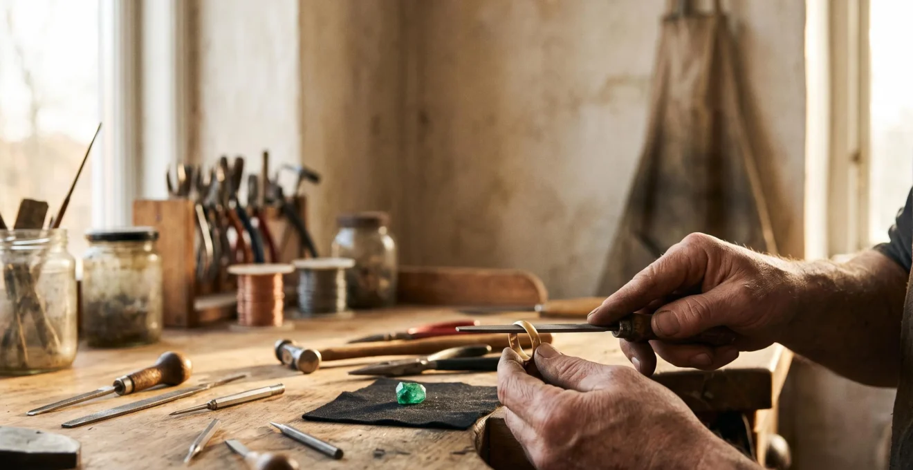 Mains d'un artisan joaillier façonnant une bague unique dans un atelier baigné de lumière naturelle
