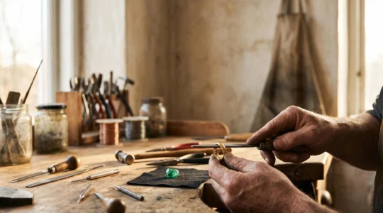 Mains d'un artisan joaillier façonnant une bague unique dans un atelier baigné de lumière naturelle