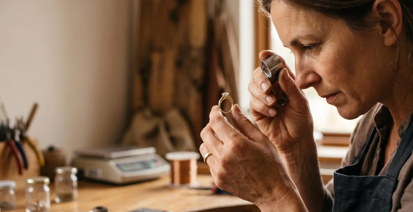 Un joaillier examine à la loupe l'authenticité et le poinçon d'un bijou en or