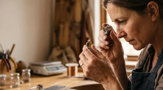 Un joaillier examine à la loupe l'authenticité et le poinçon d'un bijou en or