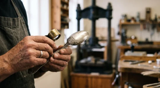 Loupe d'expert examinant le poinçon d'une piece d'orfevrerie en argent, symbole de l'authentification face a la production industrielle