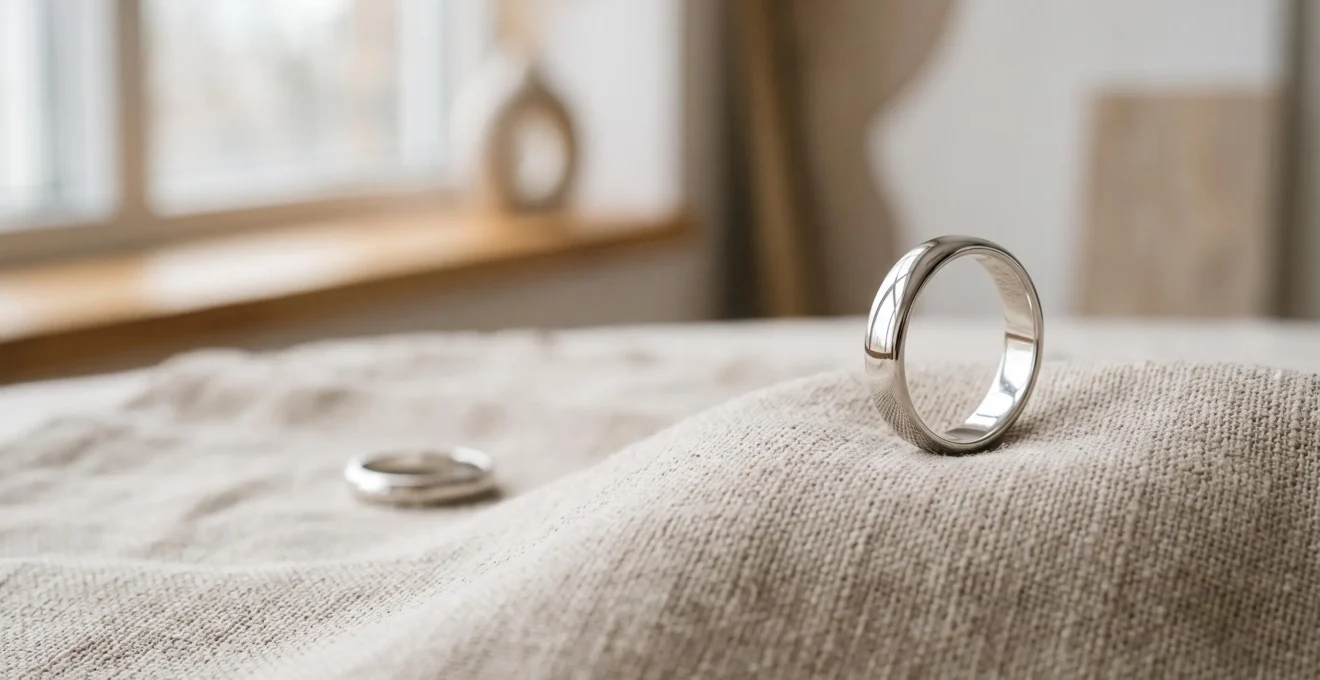 Bague en argent rhodié posée sur une surface texturée, reflétant un éclat miroir sous une lumière naturelle douce