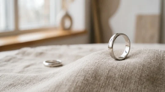 Bague en argent rhodié posée sur une surface texturée, reflétant un éclat miroir sous une lumière naturelle douce