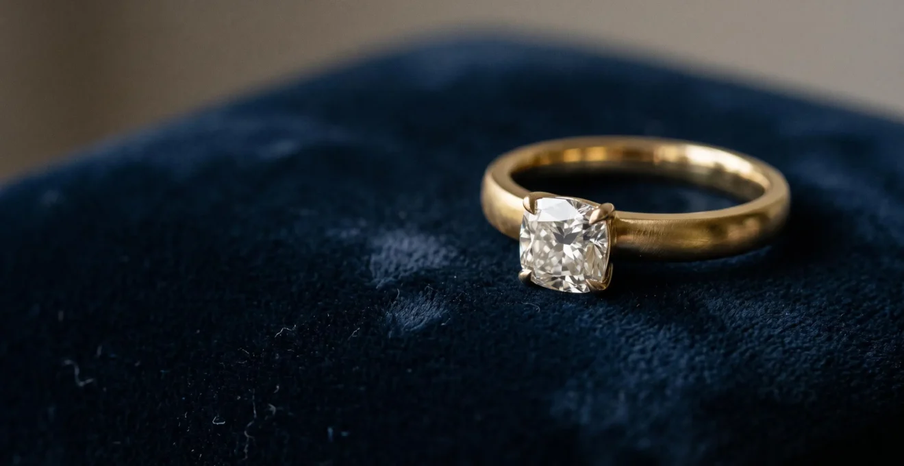 Gros plan artistique sur une bague de luxe posée sur un écrin, symbolisant l'investissement patrimonial et esthétique