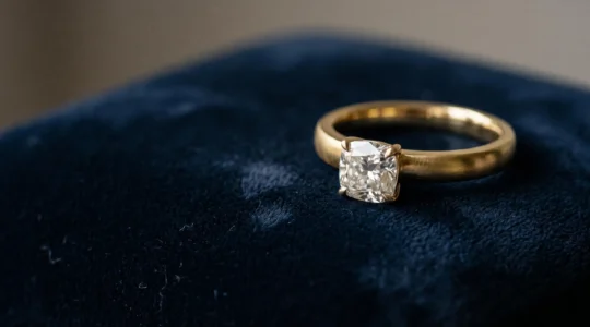 Gros plan artistique sur une bague de luxe posée sur un écrin, symbolisant l'investissement patrimonial et esthétique