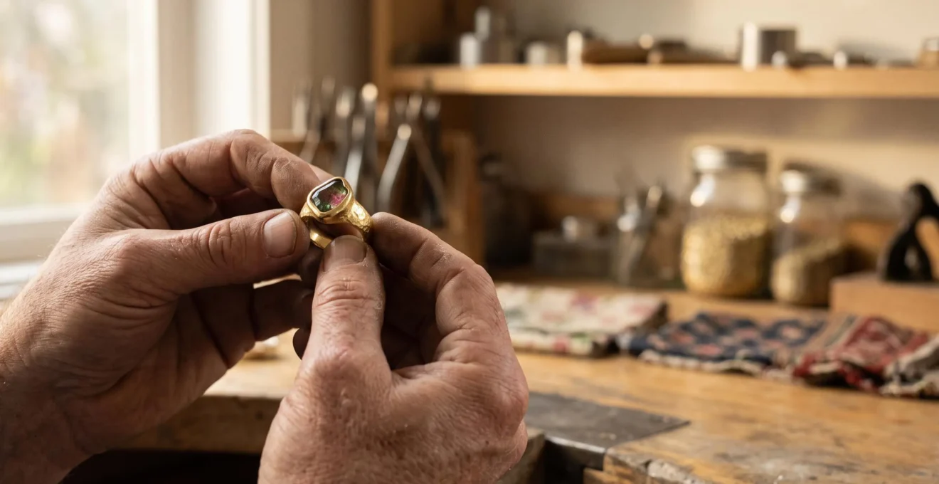 Mains d'un joaillier examinant à la loupe une pièce de bijouterie unique dans un atelier baigné de lumière naturelle
