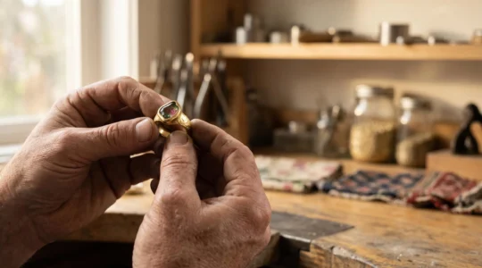 Mains d'un joaillier examinant à la loupe une pièce de bijouterie unique dans un atelier baigné de lumière naturelle
