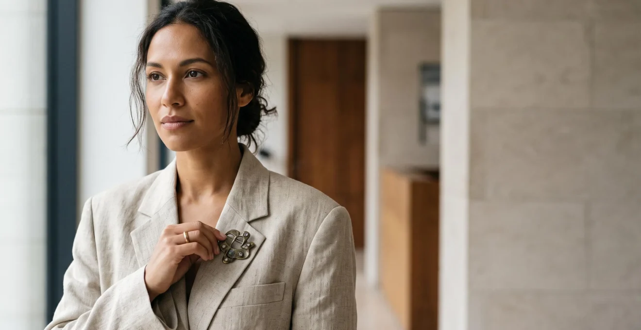 Une femme porte une broche ancienne épinglée avec élégance sur un blazer contemporain épuré