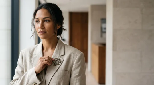 Une femme porte une broche ancienne épinglée avec élégance sur un blazer contemporain épuré