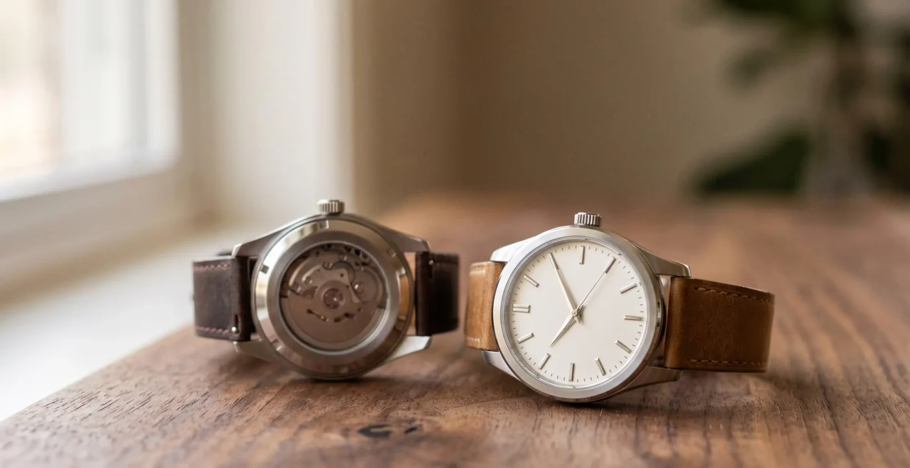 Deux montres posées côte à côte sur une surface en bois, l'une mécanique à fond saphir laissant deviner un rotor, l'autre sobre et minimaliste, illustrant le choix entre automatique et quartz au quotidien