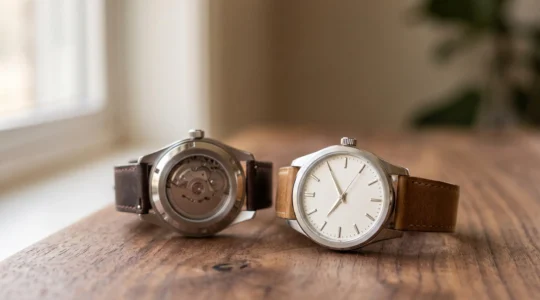 Deux montres posées côte à côte sur une surface en bois, l'une mécanique à fond saphir laissant deviner un rotor, l'autre sobre et minimaliste, illustrant le choix entre automatique et quartz au quotidien
