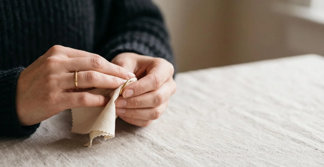 Gros plan artistique d'une main polissant délicatement un bijou fin avec un tissu doux, dans une lumière naturelle chaude