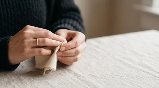 Gros plan artistique d'une main polissant délicatement un bijou fin avec un tissu doux, dans une lumière naturelle chaude
