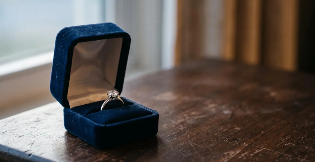 Une bague de fiançailles solitaire posée délicatement dans un écrin ouvert, entre lumière tamisée et discrétion, juste avant la demande en mariage