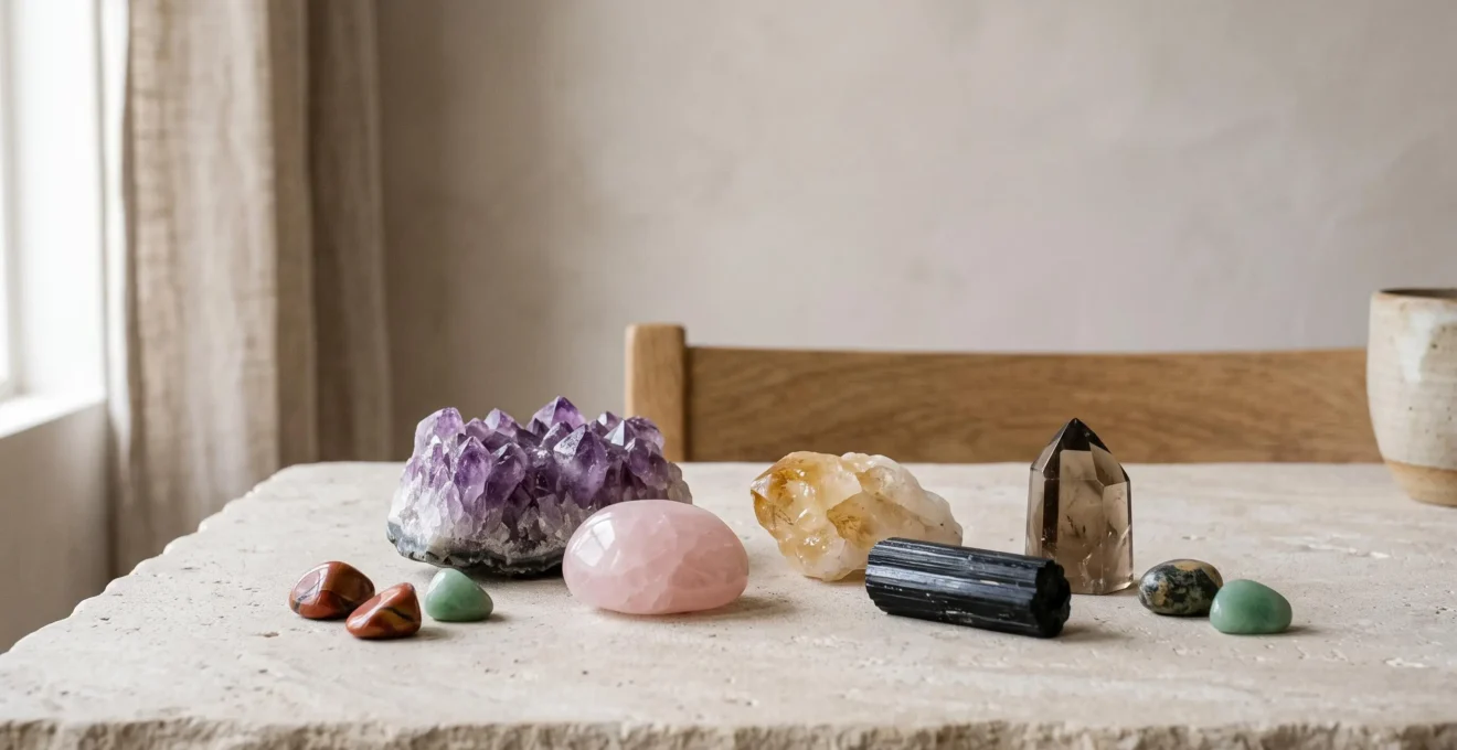 Assortiment de pierres énergétiques colorées disposées harmonieusement pour illustrer le choix d'une gemme selon ses besoins émotionnels et spirituels