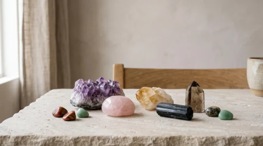 Assortiment de pierres énergétiques colorées disposées harmonieusement pour illustrer le choix d'une gemme selon ses besoins émotionnels et spirituels