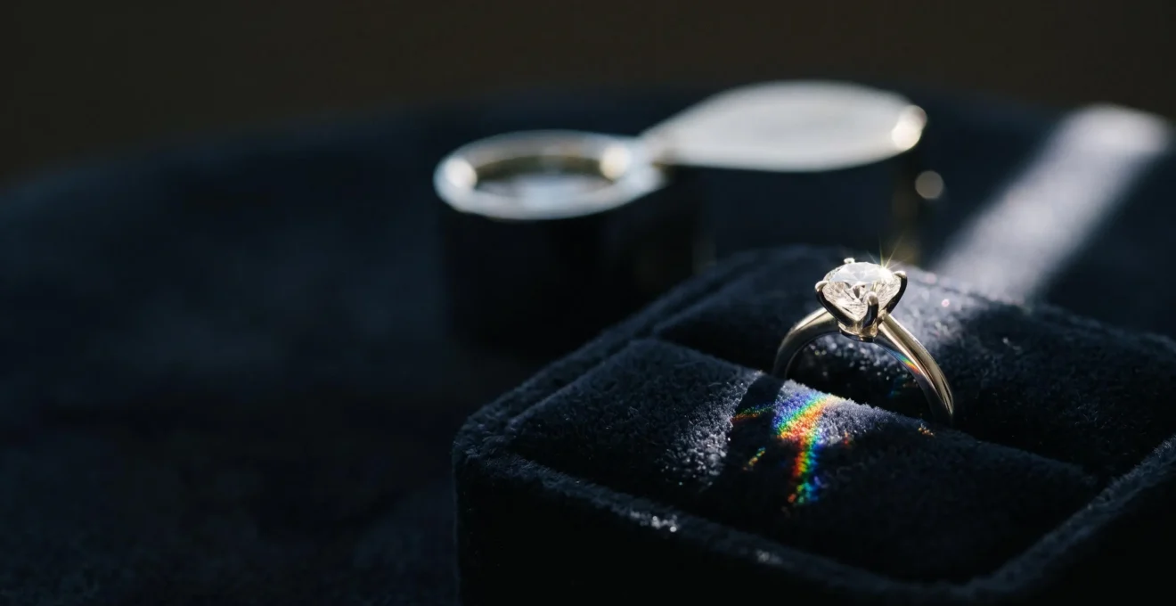 Bague solitaire en diamant posée en gros plan sur un écrin sombre, symbolisant l'achat éclairé et sécurisé d'un bijou de valeur