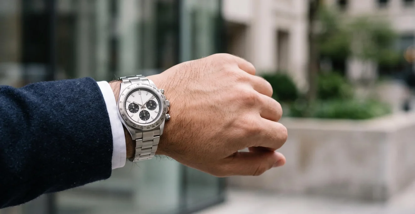 Chronographe sportif en acier porté au poignet, alliant cadran technique et élégance discrète dans un cadre professionnel