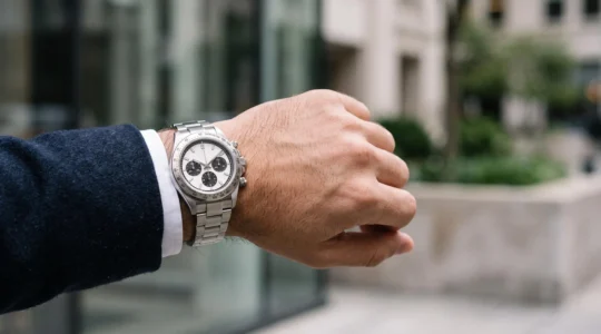 Chronographe sportif en acier porté au poignet, alliant cadran technique et élégance discrète dans un cadre professionnel