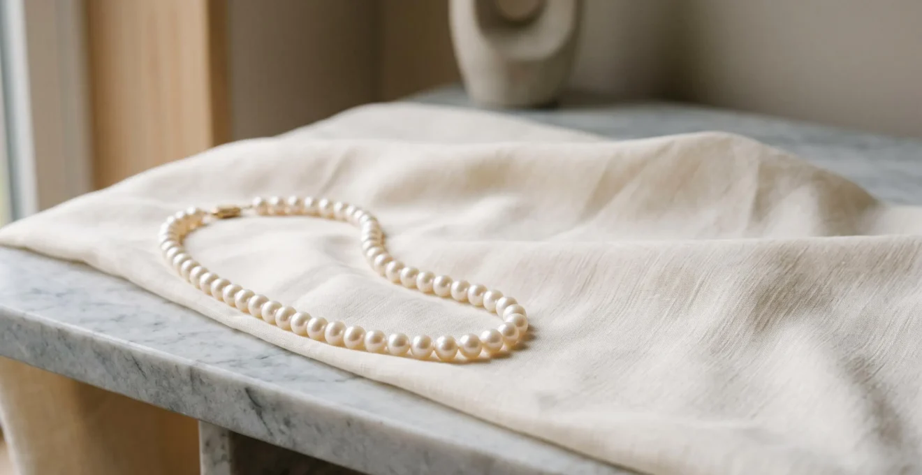 Rang de perles de culture posé avec élégance, mettant en valeur son lustre naturel et sa valeur patrimoniale