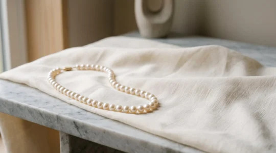 Rang de perles de culture posé avec élégance, mettant en valeur son lustre naturel et sa valeur patrimoniale