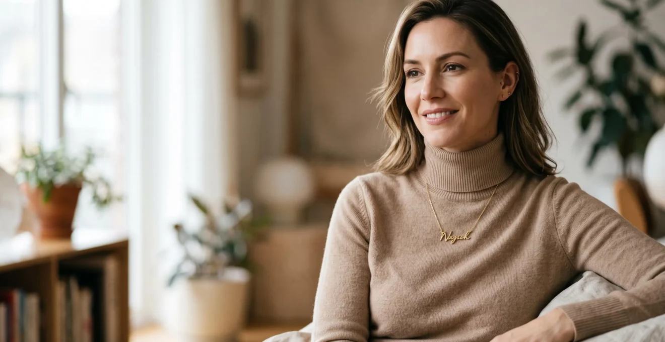 Femme élégante portant un collier prénom fin et sobre en typographie géométrique sur un pull col roulé neutre