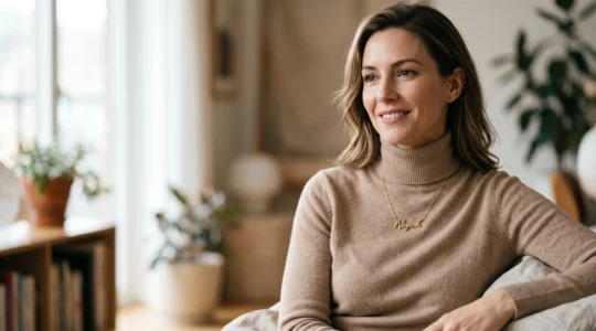 Femme élégante portant un collier prénom fin et sobre en typographie géométrique sur un pull col roulé neutre