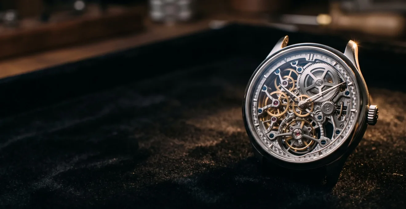 Gros plan artistique sur le mouvement squelette d'une montre de haute horlogerie illustrant la complexité d'une complication