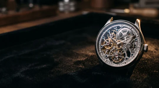Gros plan artistique sur le mouvement squelette d'une montre de haute horlogerie illustrant la complexité d'une complication