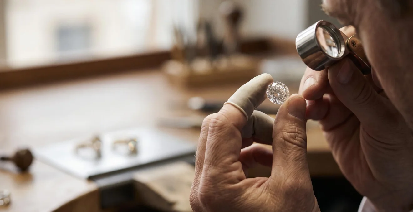 Gemmologue examinant à la loupe un diamant naturel certifié dans un écrin élégant