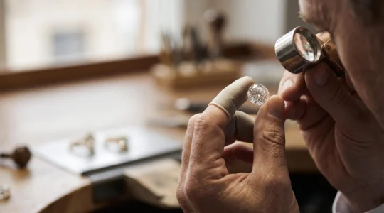 Gemmologue examinant à la loupe un diamant naturel certifié dans un écrin élégant