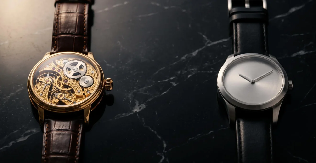 Deux montres posées côte à côte sur une surface en marbre, l'une ornée et complexe, l'autre sobre et fonctionnelle, symbolisant l'écart de prix entre haute horlogerie et montre de précision courante