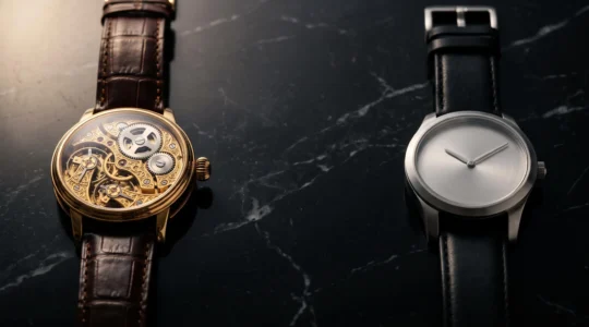 Deux montres posées côte à côte sur une surface en marbre, l'une ornée et complexe, l'autre sobre et fonctionnelle, symbolisant l'écart de prix entre haute horlogerie et montre de précision courante