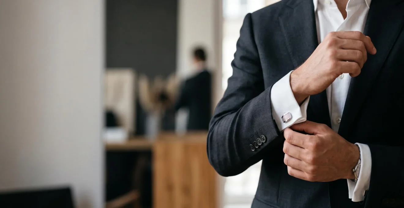 Gros plan élégant sur un poignet de chemise blanche avec un bouton de manchette raffiné, symbole du savoir-faire masculin