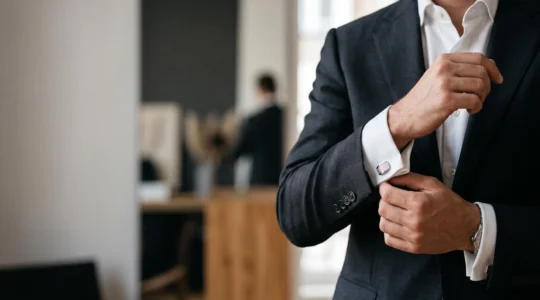 Gros plan élégant sur un poignet de chemise blanche avec un bouton de manchette raffiné, symbole du savoir-faire masculin