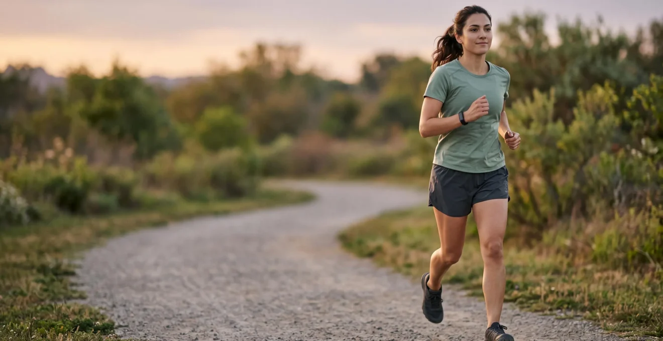 Silhouette active au poignet orne d'un tracker minimaliste, symbole d'un equilibre serein entre motivation et bien-etre