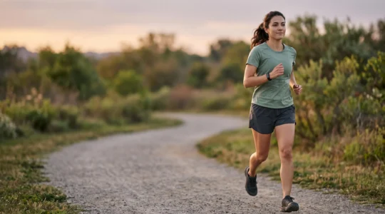 Silhouette active au poignet orne d'un tracker minimaliste, symbole d'un equilibre serein entre motivation et bien-etre