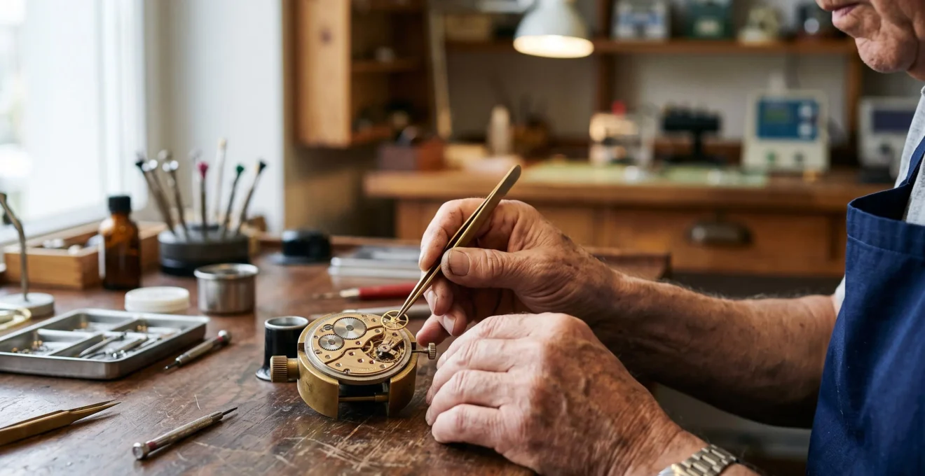 Gros plan artistique sur des mains d'horloger assemblant un mouvement de montre suisse de haute précision, symbole du prestige et du savoir-faire