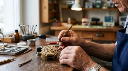 Gros plan artistique sur des mains d'horloger assemblant un mouvement de montre suisse de haute précision, symbole du prestige et du savoir-faire