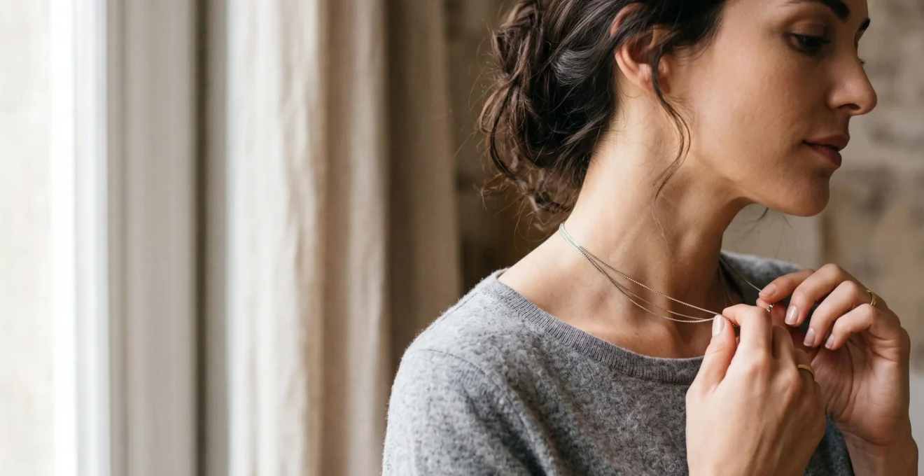 Femme ajustant délicatement un ras-de-cou fin autour de son cou, lumière naturelle et douce