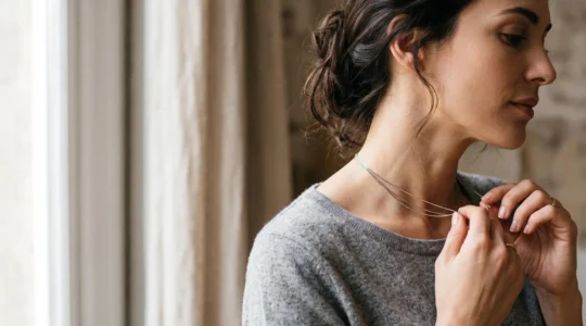 Femme ajustant délicatement un ras-de-cou fin autour de son cou, lumière naturelle et douce