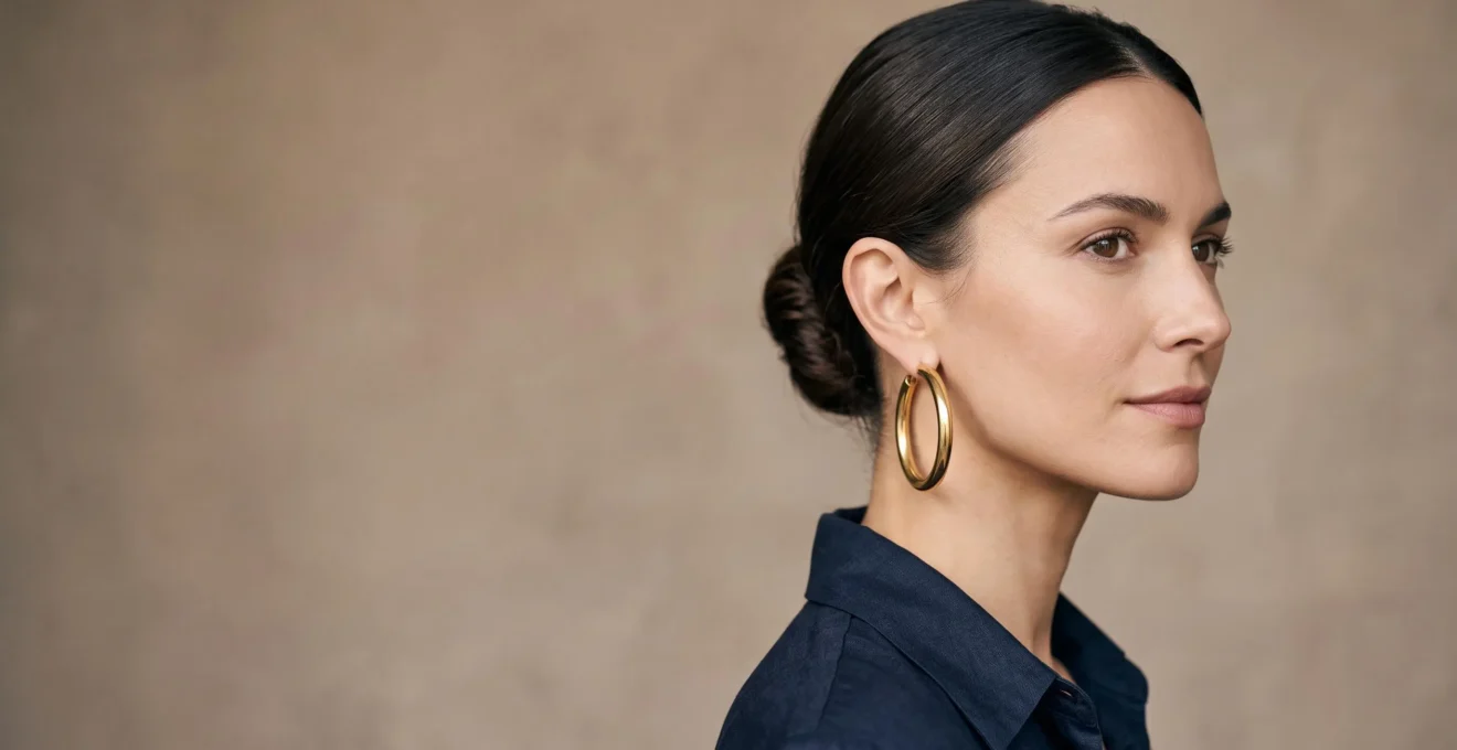 Portrait éditorial d'une femme élégante portant de grandes créoles dorées sans excès