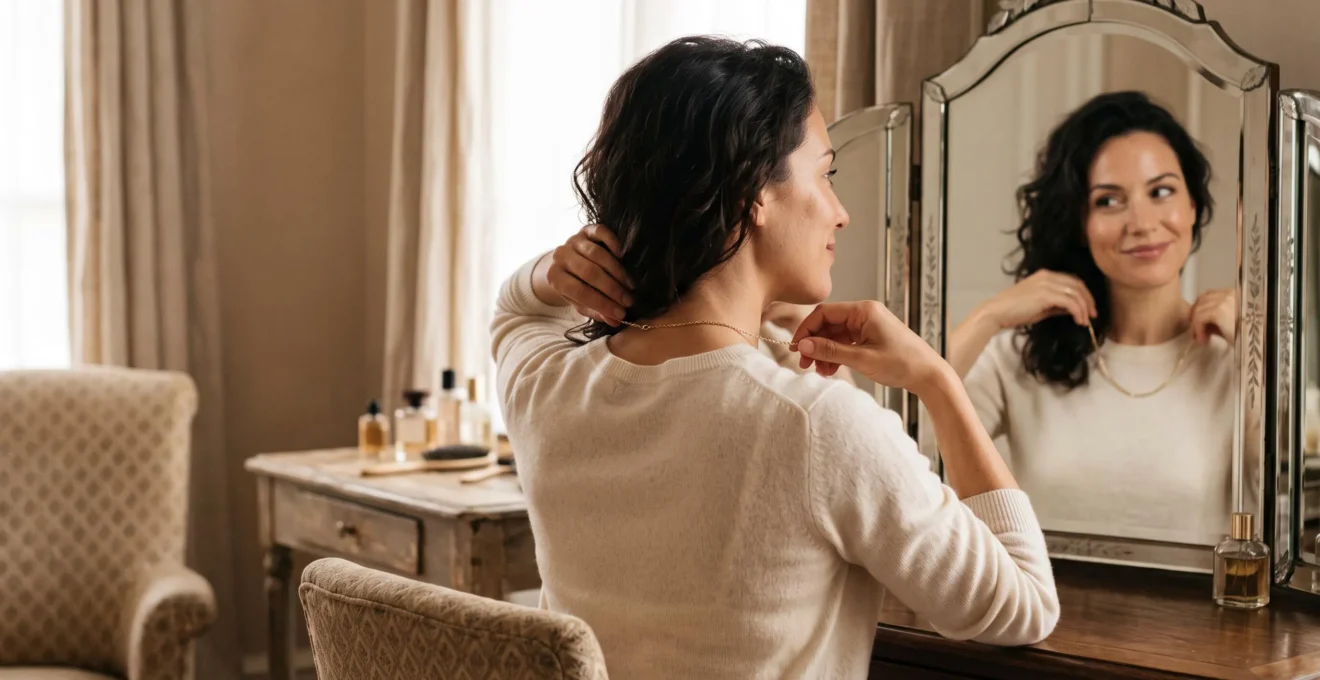 Femme élégante essayant un collier devant un miroir pour évaluer l'harmonie avec sa silhouette