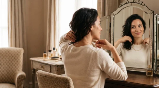 Femme élégante essayant un collier devant un miroir pour évaluer l'harmonie avec sa silhouette