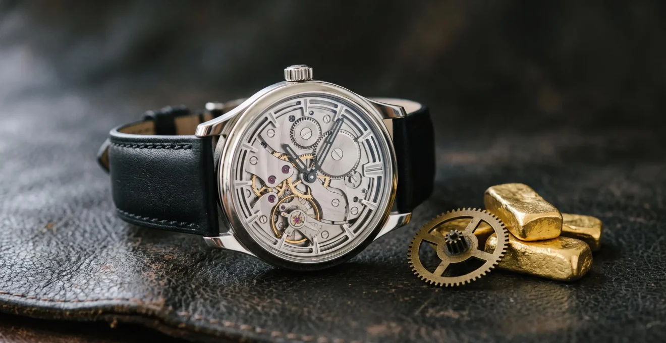 Montre suisse mécanique posée en gros plan, symbole de la valeur patrimoniale de l'horlogerie suisse face au temps