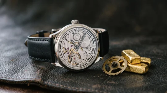 Montre suisse mécanique posée en gros plan, symbole de la valeur patrimoniale de l'horlogerie suisse face au temps