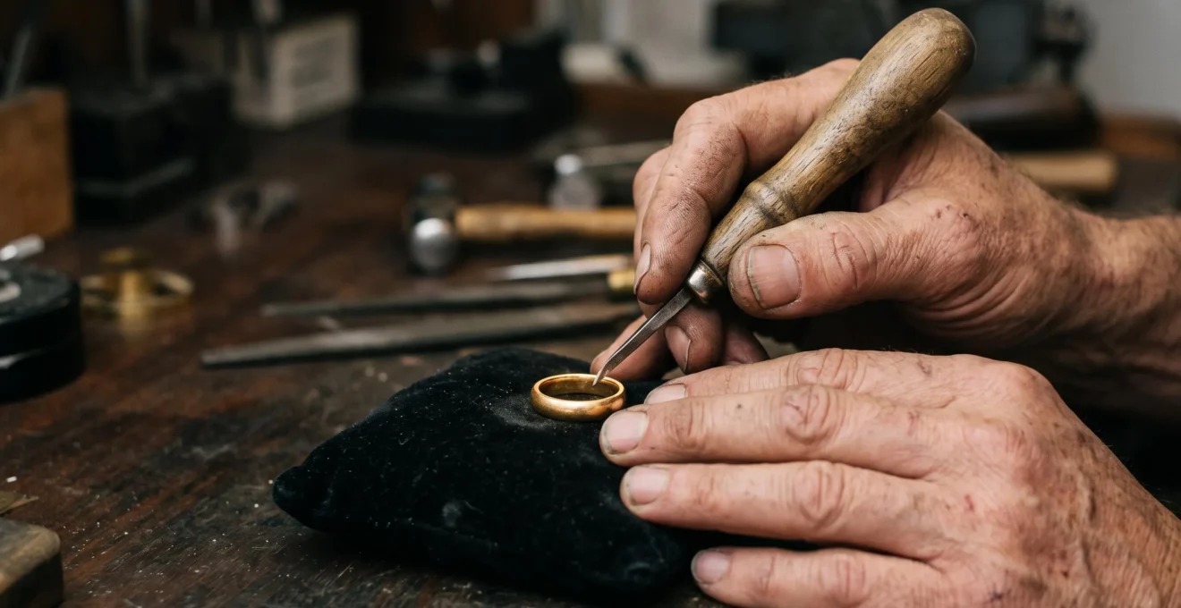 Gros plan artistique sur les mains d'un artisan gravant minutieusement un anneau en or, symbolisant le choix du texte et de l'emplacement d'une gravure sur bijou